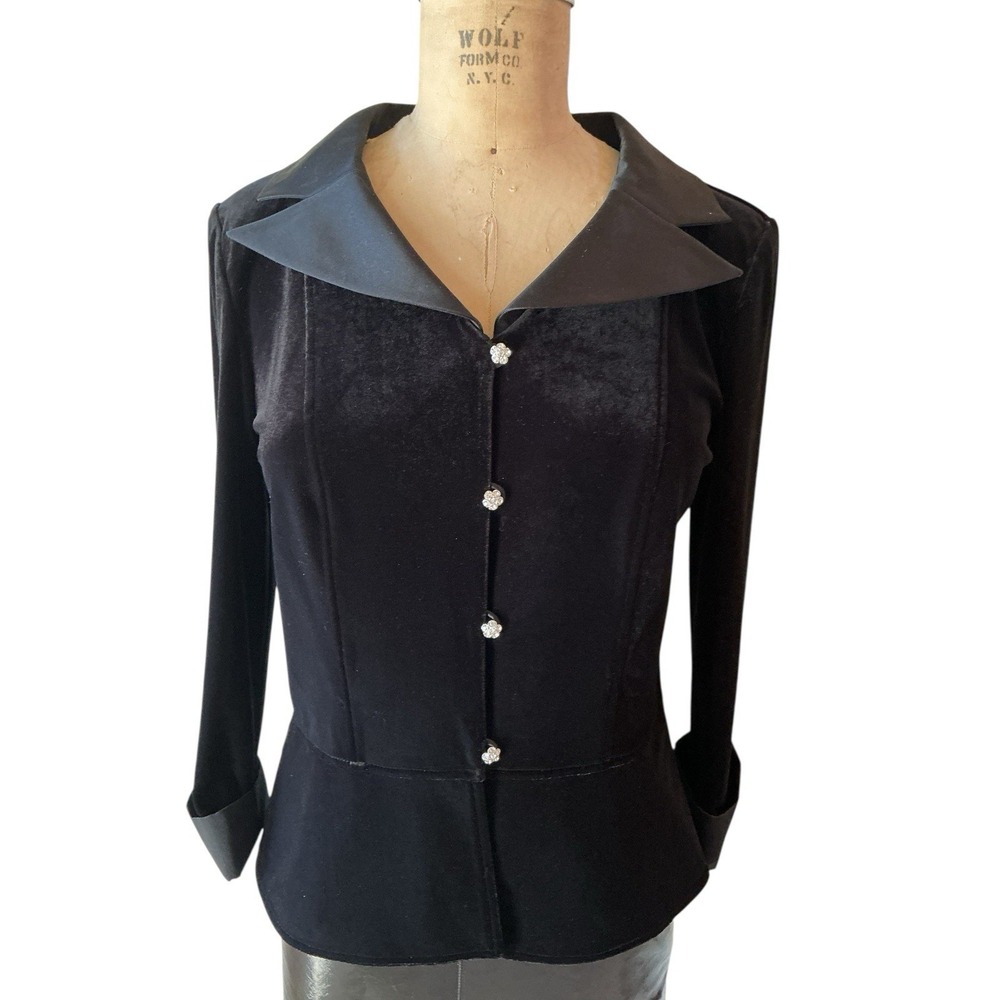 Peck & Peck Blk Velvet Jacket/blouse Rhinestone Buttons Sz Large